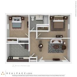 3D Floor Plan of a 2-bedroom apartment at North Village Apartments