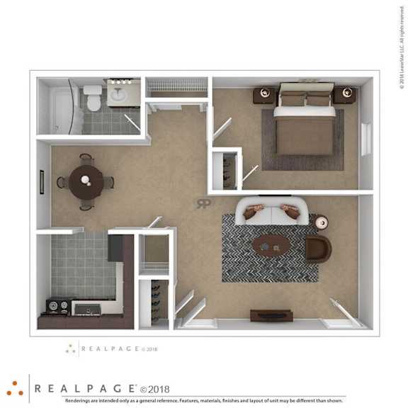 3D Floor Plan of a 1-bedroom apartment at North Village Apartments