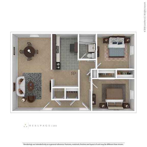 3D Floor Plan of a 2-bedroom apartment at North Village Apartments