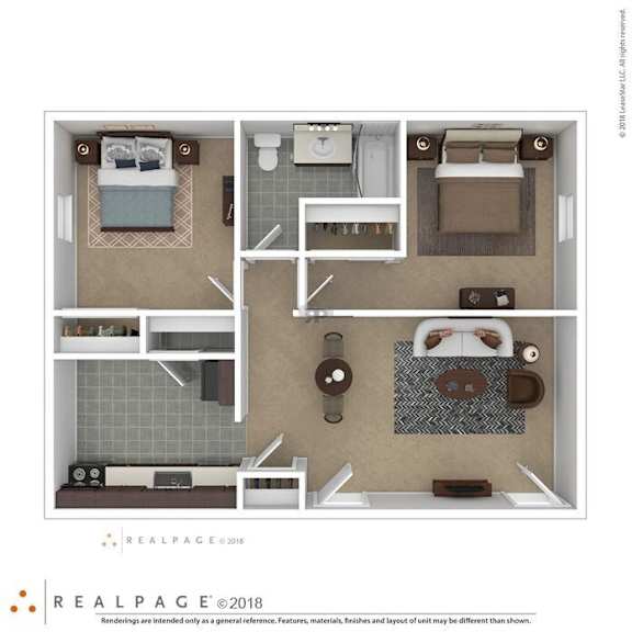 3D Floor Plan of a 2-bedroom apartment at North Village Apartments