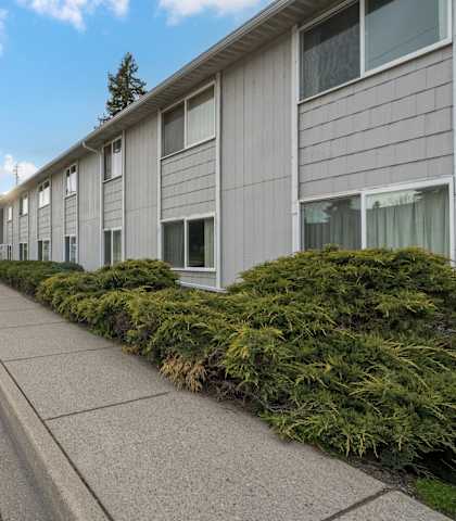 the side of a building with a row of hedges in front of a street