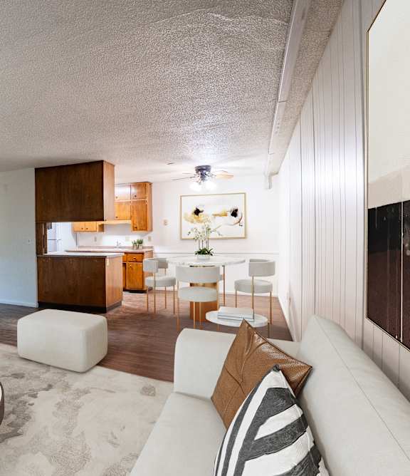 Fargo, ND Park Terrace Apartments | 21C | Living A room with wooden flooring and a window with blinds. Fargo, ND Park Terrace Apartments