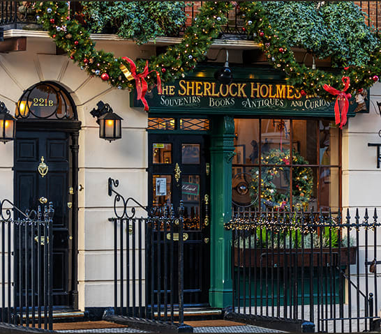 a facade with christmas decorations on the door