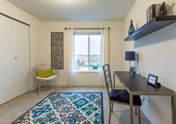 A room with a desk, chair, and a rug.