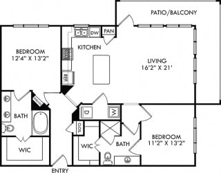 The Hyde. 2 bedroom apartment. Kitchen with island open to living room. 2 full bathrooms, double vanity in master, shower stall in guest. Walk-in closets. Patio/balcony.