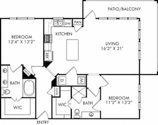 The Hyde. 2 bedroom apartment. Kitchen with island open to living room. 2 full bathrooms, double vanity in master, shower stall in guest. Walk-in closets. Patio/balcony.