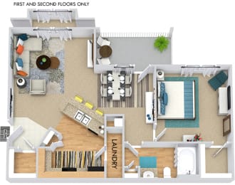 Aden 3D. 1 bedroom apartment. Kitchen with bartop open to living/dinning rooms. 1 full bathroom. Walk-in closet. Patio/balcony.
