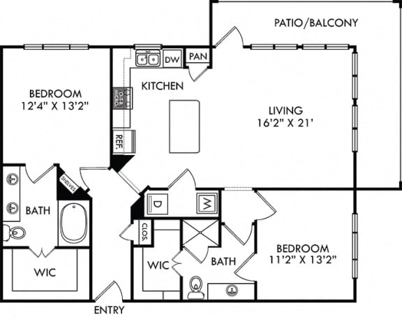 The Hyde. 2 bedroom apartment. Kitchen with island open to living room. 2 full bathrooms, double vanity in master, shower stall in guest. Walk-in closets. Patio/balcony.