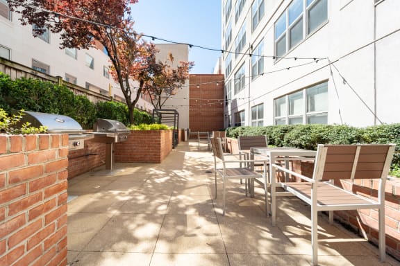 Courtyard with grills at West End Residences, Washington, DC, 20037