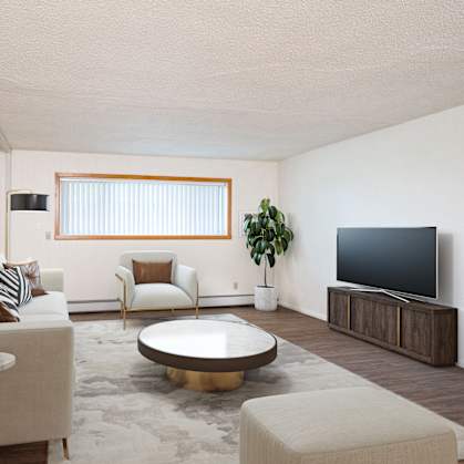 A living room with a white couch, a brown armchair, a coffee table, and a television. Fargo, ND Park Terrace Apartments
