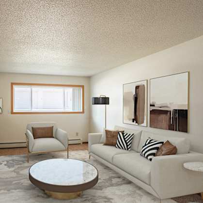a living room with a couch and a coffee table and a tv. Fargo, ND Hawn Apartments