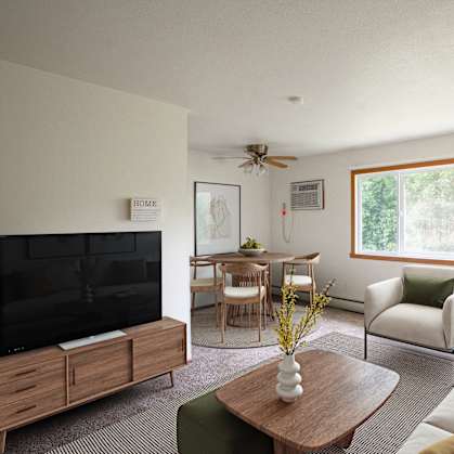 a living room with a couch a chair a table and a television