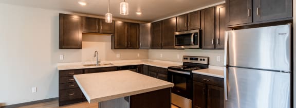 a kitchen with stainless steel appliances and dark wood cabinets