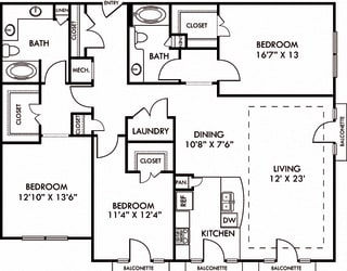 The Atlanta. 3 bedroom apartment. Kitchen with bartop open to living/dining rooms. 2 full bathrooms, double vanity in master. Walk-in closets. Balconette.