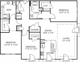 The Atlanta. 3 bedroom apartment. Kitchen with bartop open to living/dining rooms. 2 full bathrooms, double vanity in master. Walk-in closets. Balconette.