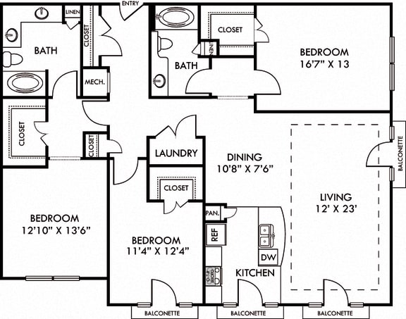 The Atlanta. 3 bedroom apartment. Kitchen with bartop open to living/dining rooms. 2 full bathrooms, double vanity in master. Walk-in closets. Balconette.