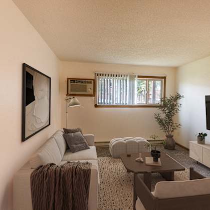 a living room with a couch and a tv. Fargo, ND Patricia Ann Apartments