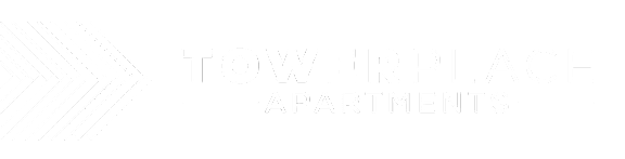 A black and white image of a logo for TowerPlace Apartments.