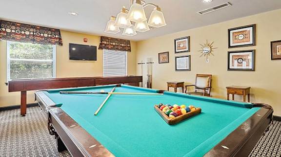A pool table with a green cloth and a wooden cue stick. at Rainier Manor Apartments, Maryland