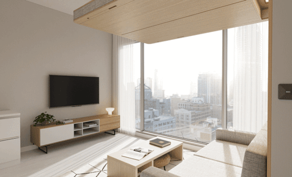 A modern living room with a flat screen TV and a view of the city.