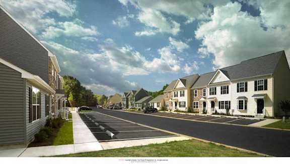 a rendering of a street with a row of houses