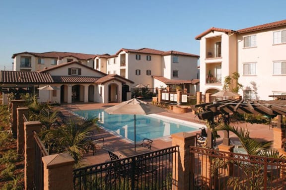 a swimming pool in front of a group of apartments