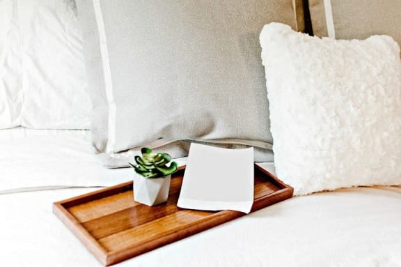 a bed tray with a book and a plant on it