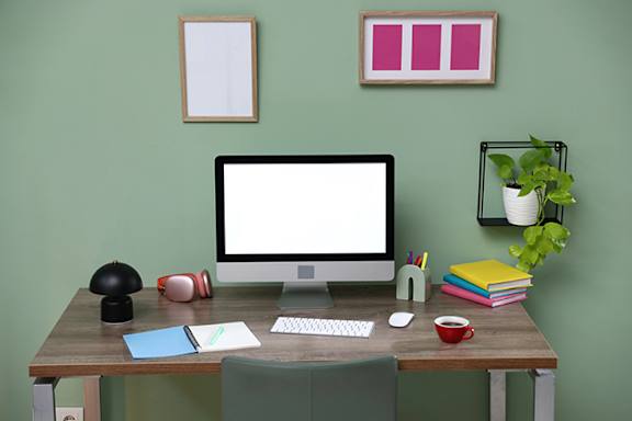 A desk with a computer, books, and a plant.