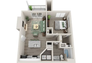 The Village 1 Bedroom 1 Bath 706 sq.ft 3D Floor Planat The Village Apartments, Raleigh, North Carolina