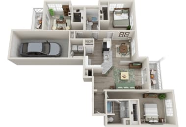 The Village 3 Bedroom 2 Bath 1,475 sf with 1 Car Garage 3D Floor Plan at The Village Apartments, North Carolina, 27615