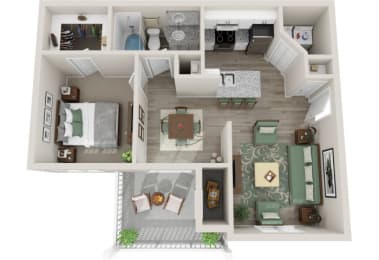The Village 1 Bedroom 1 Bath 803 sq.ft 3D Floor Planat The Village Apartments, North Carolina