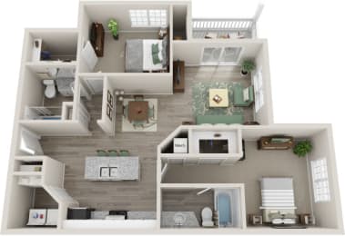 The Village 2 Bedroom 2 Bath 1,110 sf 3D Floor Plan at The Village Apartments, Raleigh, NC