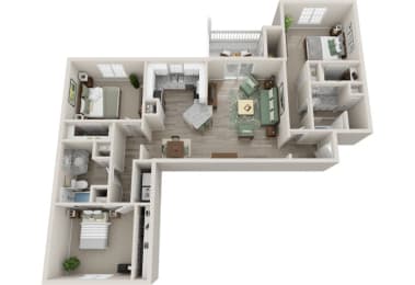 The Village 3 Bedroom 2 Bath 1,385 sf 3D Floor Planat The Village Apartments, Raleigh