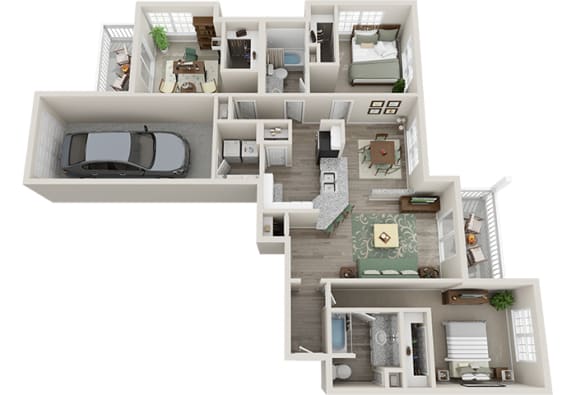 The Village 3 Bedroom 2 Bath 1,475 sf with 1 Car Garage 3D Floor Planat The Village Apartments, Raleigh, NC, 27615