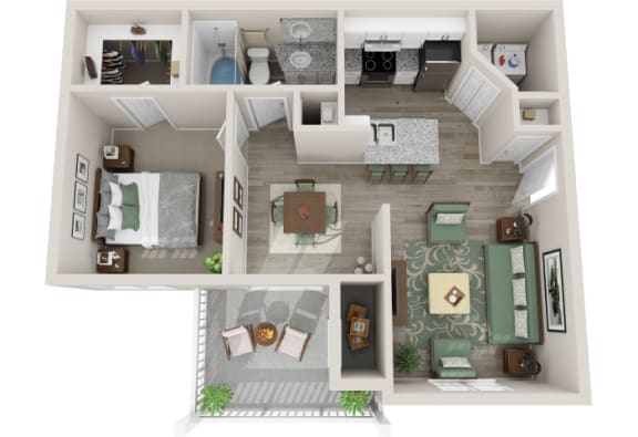 The Village 1 Bedroom 1 Bath 803 sq.ft 3D Floor Planat The Village Apartments, North Carolina