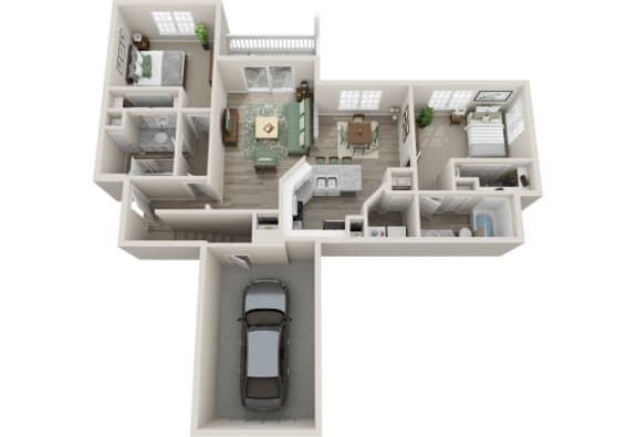 The Village 2 Bedroom 2 Bath 1,244 sf with Garage 3D Floor Plan at The Village Apartments, Raleigh, North Carolina