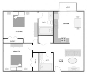 Two bedroom two bathroom 875 square foot apartment floor plan