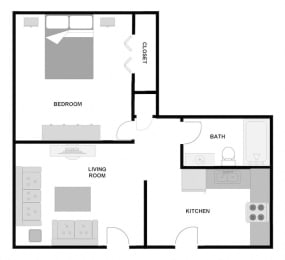 One bedroom one bathroom 500 square foot apartment floor plan