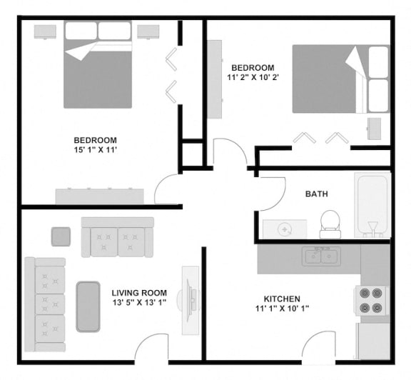 Two bedroom one bathroom 800 square foot apartment floor plan