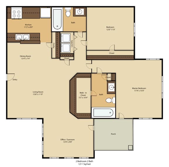 A floor plan of a house with a living room, dining room, kitchen, two bathrooms, two bedrooms, and a porch.