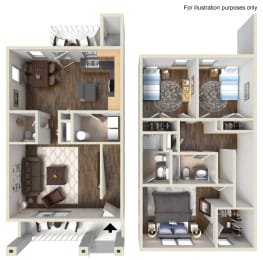 3 Bedroom 2.5 Bath Townhouse-Furnished 3D Floorplan-Legends Park Apartments, Memphis, TN