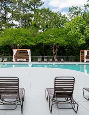 A large outdoor swimming pool surrounded by trees.