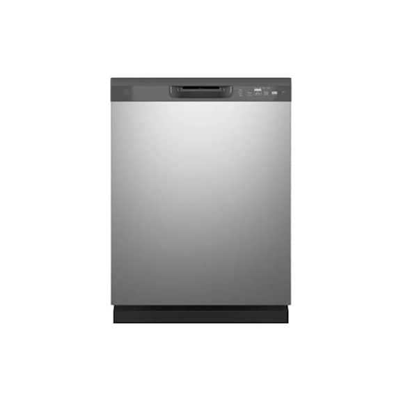 A front-loading dishwasher with a black control panel.