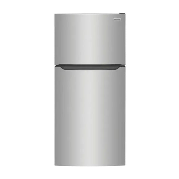 A silver refrigerator with a black handle.