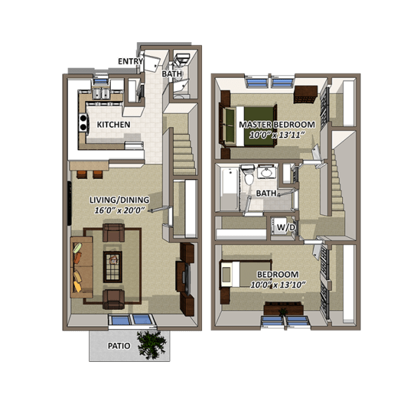 A floor plan of a house with a living room, kitchen, dining room, and two bedrooms. at Lakecrest Apartments, PRG Real Estate Management, Greenville, South Carolina
