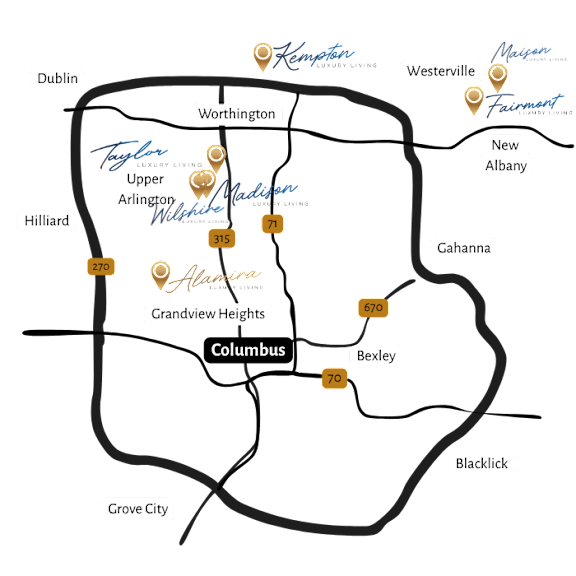 A map showing various locations with some labeled, such as Columbus, Bexley, and New Albany.
