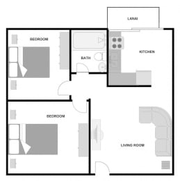 Two bedroom one bathroom 800 square foot apartment floor plan