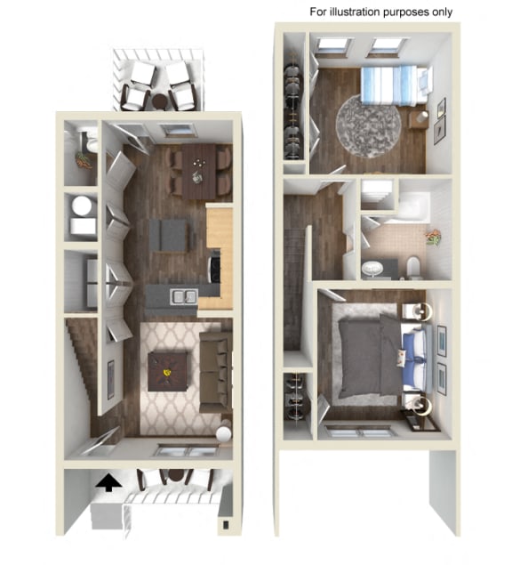 2 Bedroom 1.5 Bath Townhouse-Furnished 3D Floorplan-Legends Park Apartments, Memphis, TN