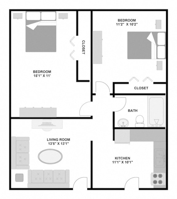 2 bedroom 1 bathroom 900 square foot large apartment floor plan