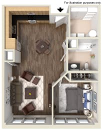 1 Bedroom 1 Bath-Furnished 3D Floorplan-Legends Park Apartments, Memphis, TN